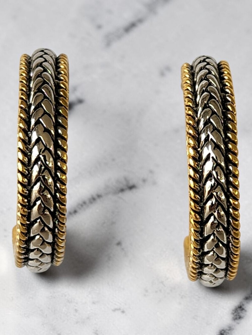 Gold Silver Two Tone Braided Wide Metal Hoop Post Earrings